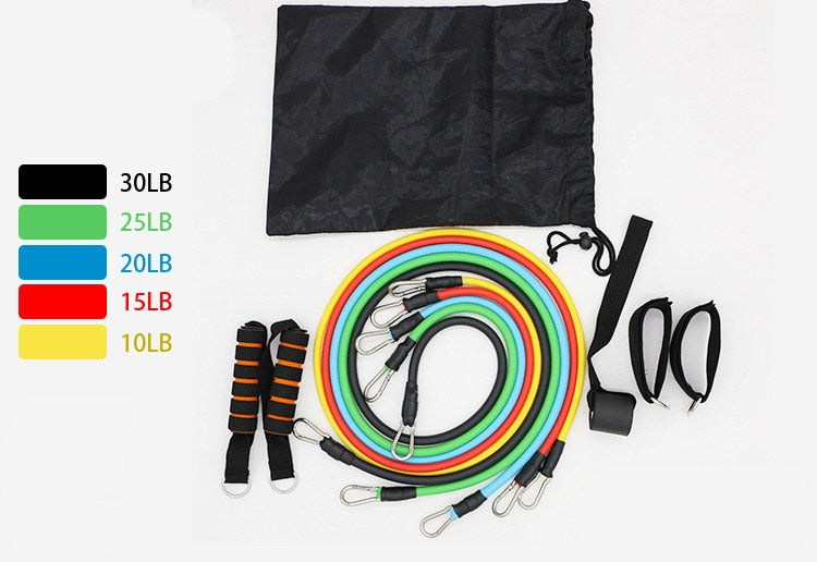 11 Pcs/Set  Resistance Bands set with 5 Different Strength Levels Giving you that Crossfit Training & conditioning all done in the convenience of your home